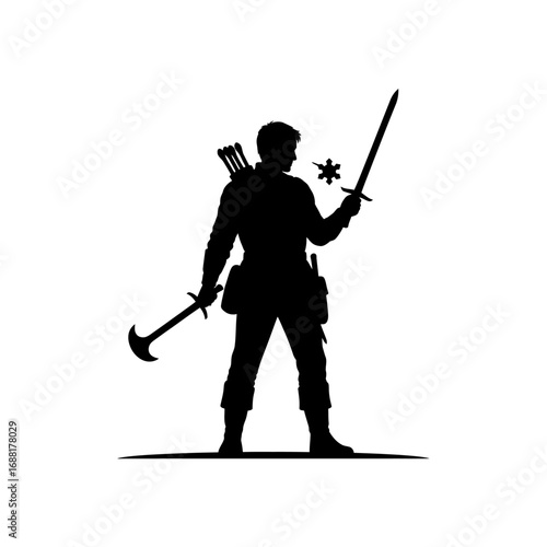 Epic fantasy warrior poised for battle, silhouetted with sword and bow, ready to conquer any challenge with fierce determination and heroic spirit.