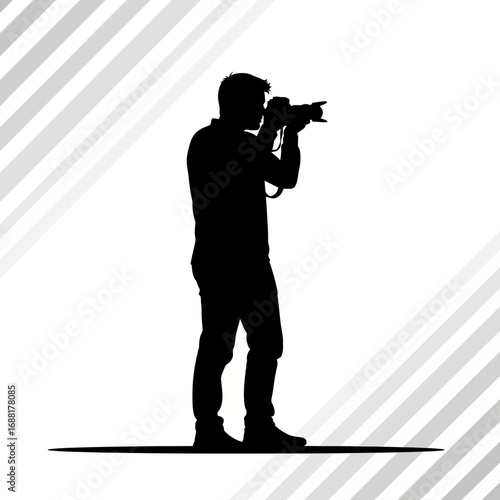 Capturing moments with a professional camera, a silhouette photographer stands ready, focusing intently on their next shot in a clean, modern setting