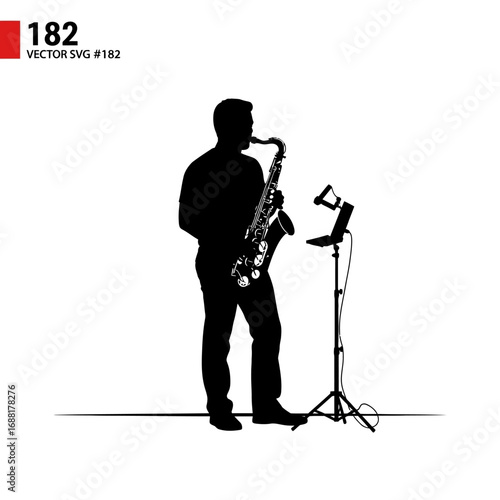 Dynamic silhouette of a jazz musician playing saxophone with a modern stand and laptop creating captivating performance art