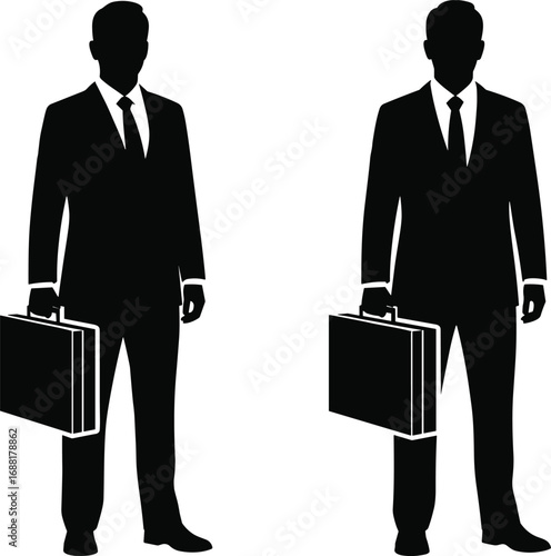 Two business professionals in suits holding briefcases, standing front-facing in formal posture, black and white vector silhouette illustration