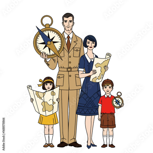 Animated Family Travel Illustration Featuring Beige Suit Brown Hair Man Blue Dress Woman and Two Kids with Maps and Compass on White Background