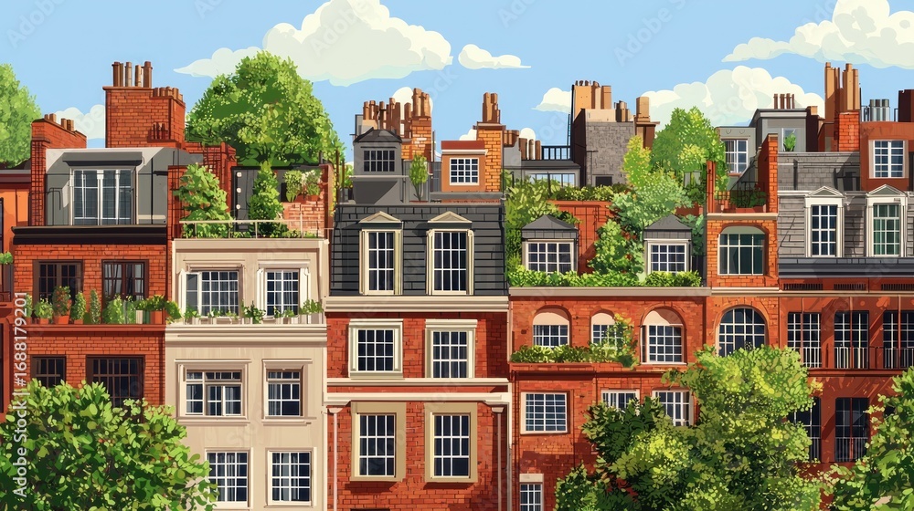 Fototapeta premium Rooftop gardens on brick townhouses.