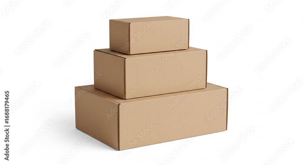 Fototapeta premium Stacked cardboard boxes sit on white surface, ready for shipping and delivery, conveying efficiency and organization in logistics industry.