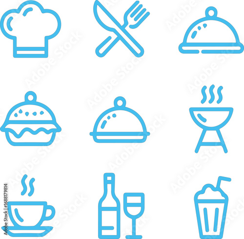 Collection of blue food and drink icons on a black background