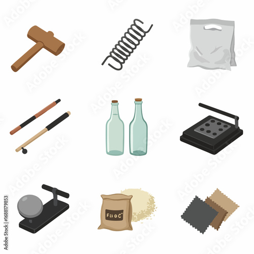 Diverse collection of everyday items and industrial components: tools, raw materials, packaging, and household goods.