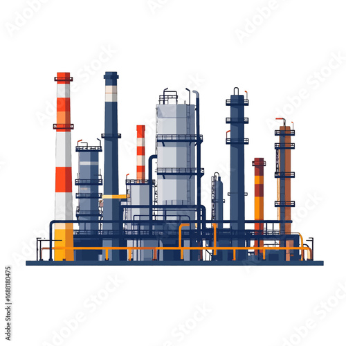 Industrial Complex Featuring Tall Smokestacks and Silos Against a Plain White Background Oil Refinery Vector Illustration