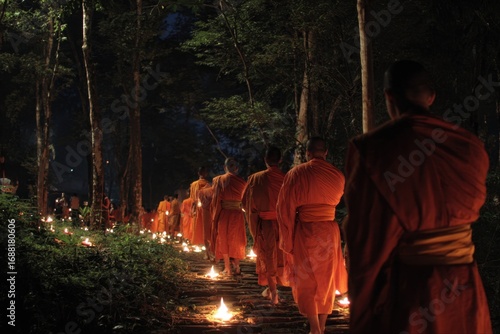 Monks Walking Through Forest Candle Path