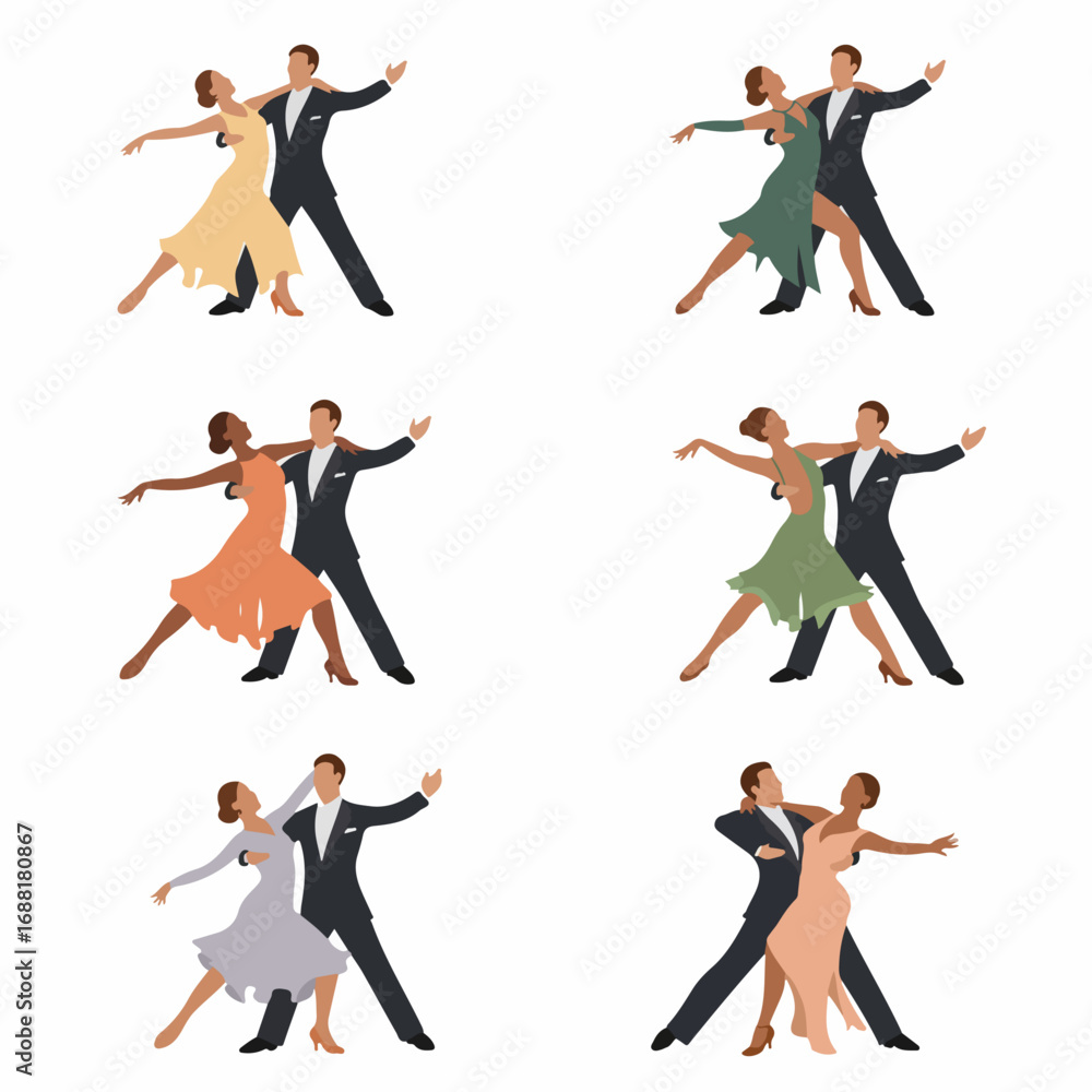 Fototapeta premium Collection of diverse pairs of elegant dancers showcasing ballroom and Latin styles in various graceful poses, flat vector illustration set.