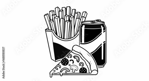 Fast Food Combo Illustration with Pizza, Fries, and Soda