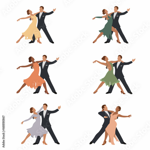 Collection of diverse pairs of elegant dancers showcasing ballroom and Latin styles in various graceful poses, flat vector illustration set.