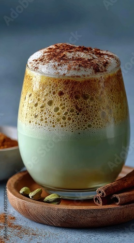 A vibrant layered drink, creamy and spiced