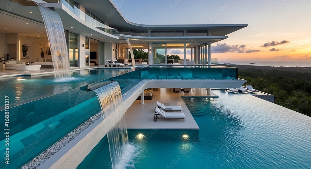 Obraz premium Spectacular oceanfront villa with cascading infinity pools and architectural brilliance for ultimate relaxation