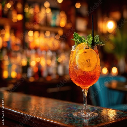 A vibrant Aperol Spritz on a bar top