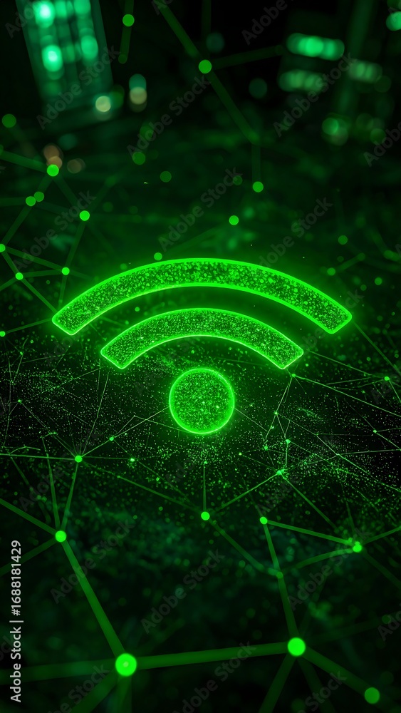 Fototapeta premium Glowing green wifi symbol on dark background