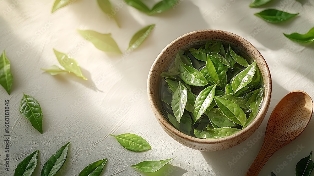 Obraz premium Fresh green tea leaves floating a bowl scattered leaves and sunlight natural organic