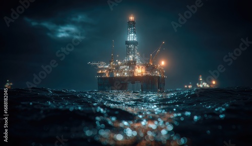 Offshore oil rig at night, dark ocean waves