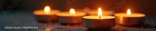 Tranquil Votive Candles Soft Warm Light, Melting Wax, Peaceful Spiritual Ambiance. Ideal for Relaxation, Meditation, Spa, Religious, and Wellness Content.