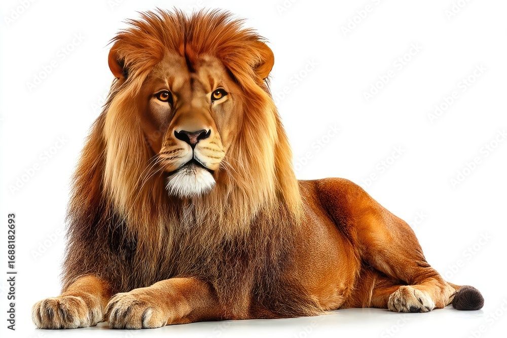 Fototapeta premium Majestic lion, lying, orange fur, against white