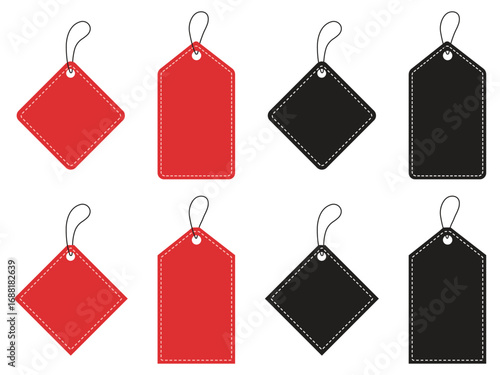 Modern red and black price tags with strings for sales, offers, and discounts to entice buyers