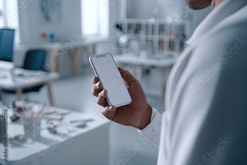 Person in lab coat holds a blank smartphone