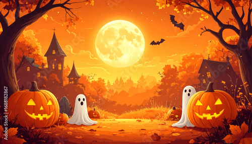 Full moon lights up Halloween pumpkins. Halloween pumpkins with ghostly figures. Spooky night with bats and pumpkins. Trick-or-treat night with pumpkins and ghosts. Haunted house and pumpkins