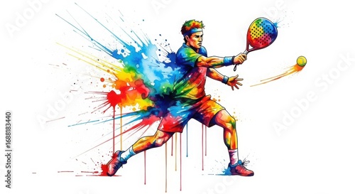 Vibrant Male Athlete Swinging Racket with Colorful Watercolor Splash