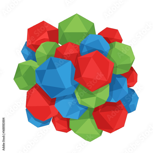 Cluster of Faceted Red Green Blue Polyhedral Forms on White Background