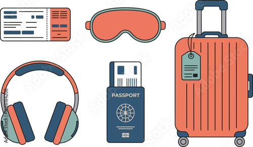 Stylized travel essentials: passport, suitcase, boarding pass, headphones