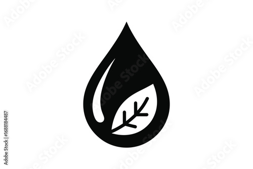 Silhouette of a water drop with a leaf inside a minimalist design