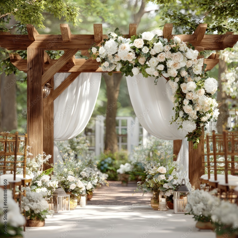 Rustic wedding archway, adorned with ivory flowers and sheer curtains, bathed in sunlight Rustic wedding archway, adorned with ivory flowers and sheer curtains, bathed in sunlight