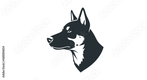 Stylized black and white vector illustration of a dogs head in profile, with pointed ears.