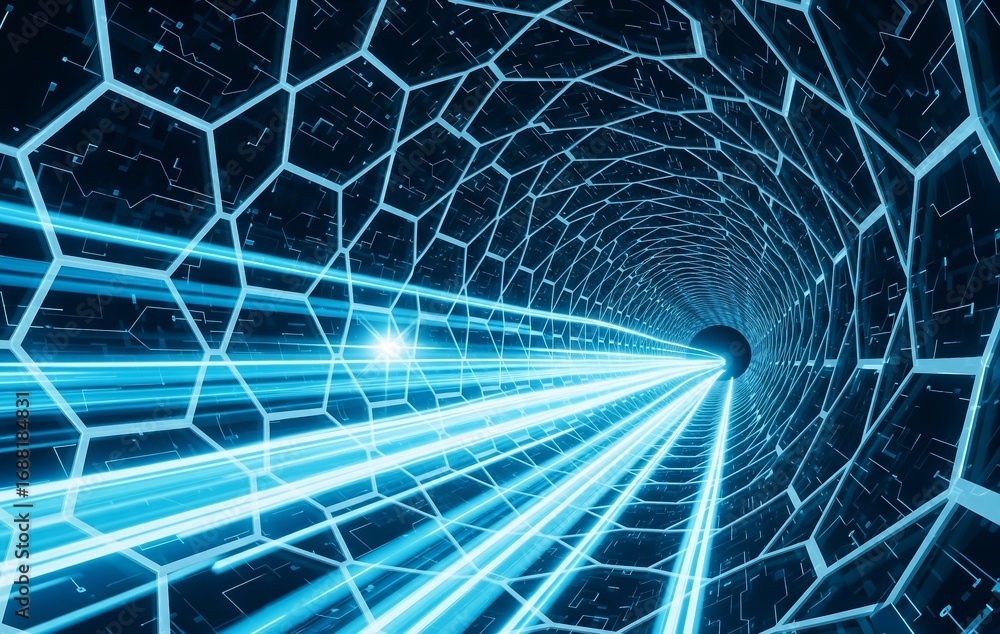 Obraz premium Digital Technology Tunnel with Fast Light Beams and Grid. Cyberpunk Sci-fi Background for Data Transfer and Connectivity.