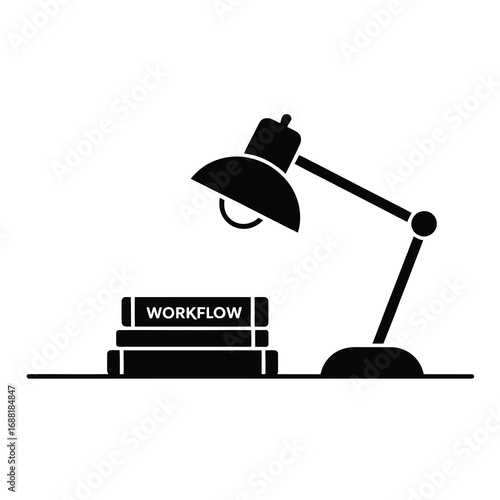 Simple silhouette of a desk lamp illuminating books on a flat surface
