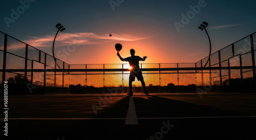 Silhouetted Sport Player Serving Ball at Sunset on Outdoor Court