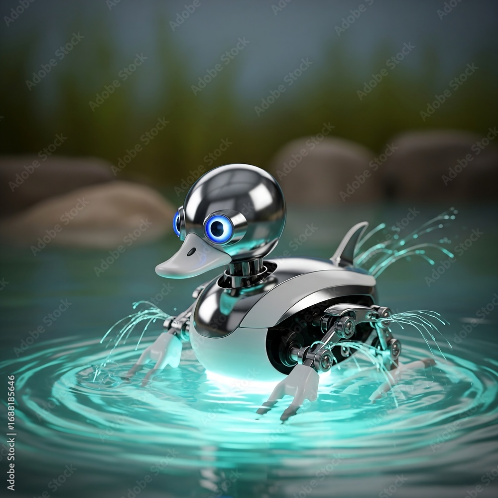 Obraz premium Cyborg Duck Swimming on Water Surface with Futuristic Glowing Light.