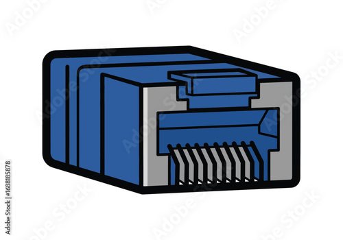 Close-up illustration of a blue Ethernet cable connector, highlighting the intricate internal wiring and metallic pins for network connectivity in a digital communication context