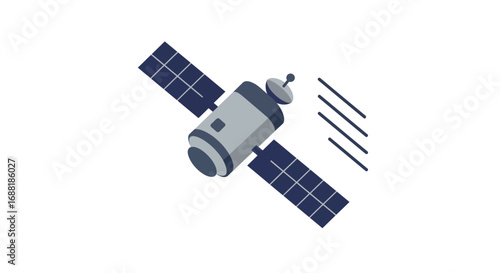 Artificial space satellite icon floating in orbit for global telecommunication, illustrating modern technology for data transmission and broadcast