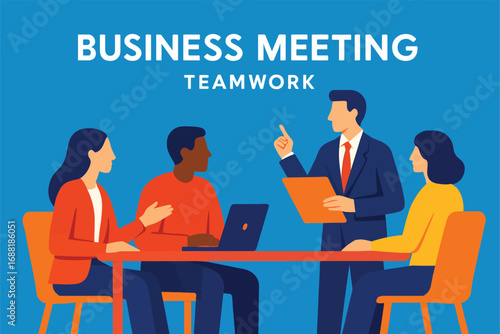 Business Meeting Collaboration: A dynamic illustration of a business meeting, showcasing teamwork and collaboration with diverse professionals seated around a table. 