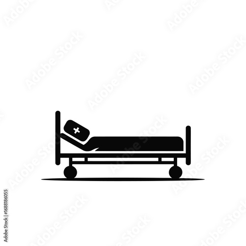 Simple silhouette of a hospital bed with pillow and wheels