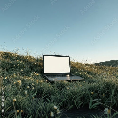 Laptop in Wildflowers at Golden Hour Outdoors