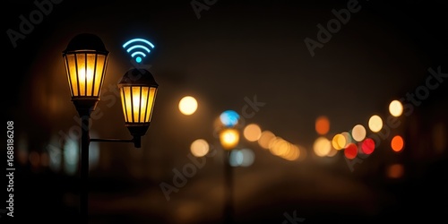 Night city lights, Wi-Fi enabled lampposts