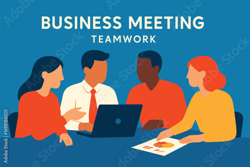 Business Meeting: A colorful illustration depicts a dynamic business meeting, with diverse professionals collaboratively working together, symbolizing unity and teamwork.