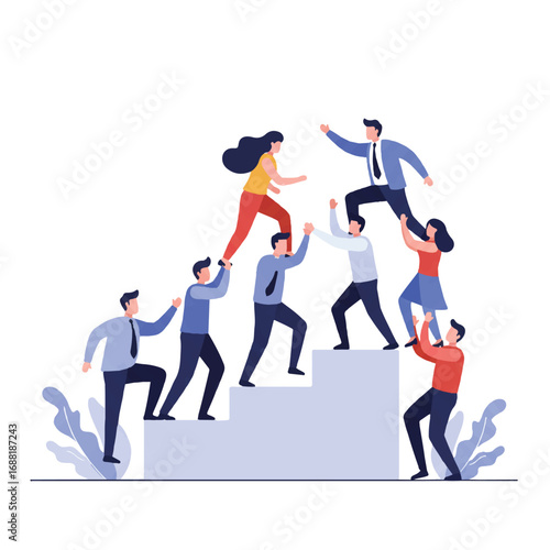 A diverse team of employees collaborates, supporting each other while climbing abstract steps towards a common goal, illustrating collective achievement in a clean 2D flat vector style.