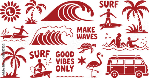 A diverse collection of summer surfing and beach vacation vector design elements, including palm trees, ocean waves, and a retro travel van for graphic projects