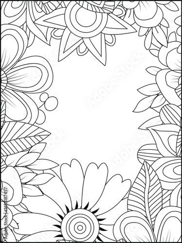 Intricate floral frame coloring page for adults relaxation and creative expression white background