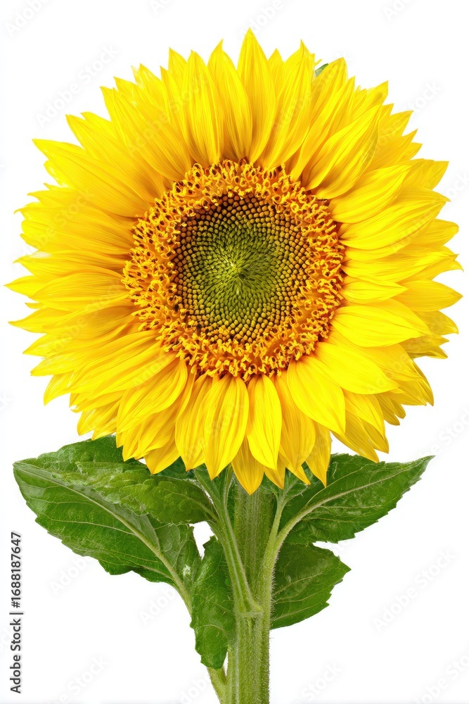 Fototapeta premium Bright yellow sunflower with green leaves against white
