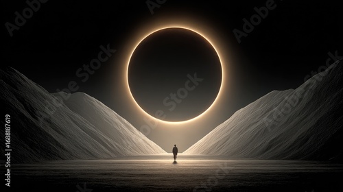 Silhouette figure in a dark valley with a glowing ring