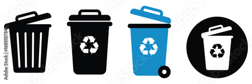 Recycling bins and waste management icons representing eco-friendly practices and sustainability