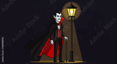 A classic vampire character stands tall in his formal attire.