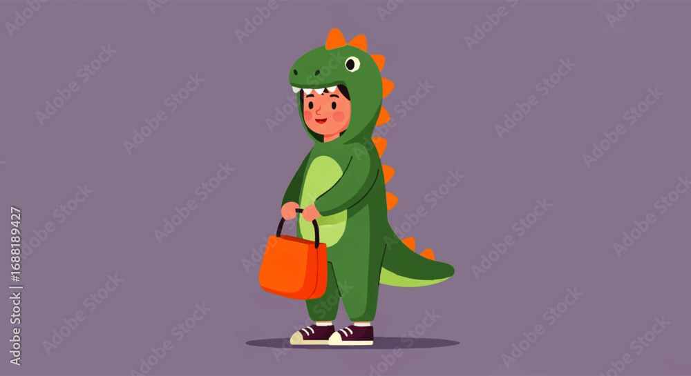 Fototapeta premium Child in a cute green dinosaur costume holding a candy bucket.